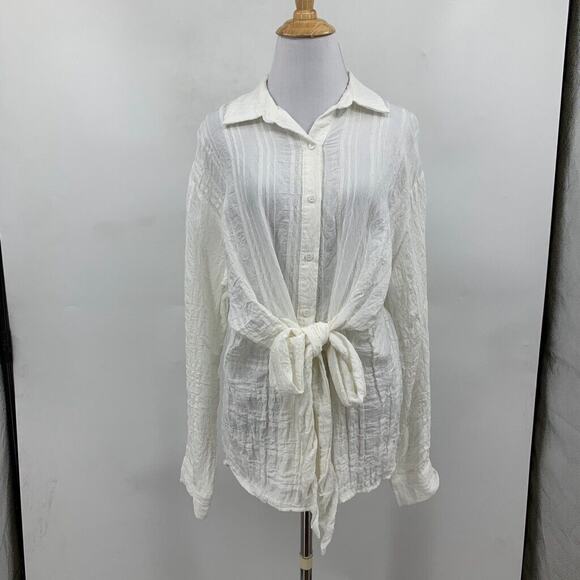 G.P.D. Blouse Womens L Large White Crinkled Button Front Tie Waist Long Sleeve - Picture 2 of 10
